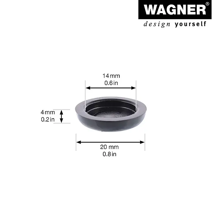 Wagner System Verstellfüße - Länge Gewinde: 20 mm, Durchmesser Gewinde: 8 mm, 4 Stk. - Produktbild eines Möbelgleiters in Schwarz mit Größenangaben in Millimetern und Zoll.