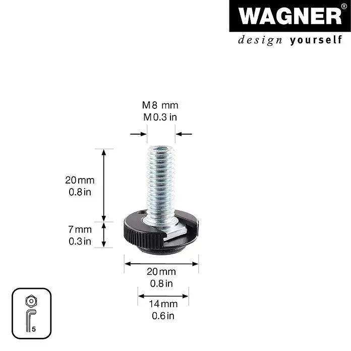 Wagner System Verstellfüße - Länge Gewinde: 20 mm, Durchmesser Gewinde: 8 mm, 4 Stk. - Produktbild eines M8 Möbelfußes mit Gewinde und Abmessungsangaben.