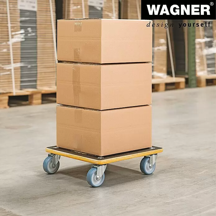 Wagner System Transportroller MM1340 - L x B x H: 380 x 380 x 110 mm, Traglast: 300 kg, Holz - Transportroller aus Holz mit blauen Rollen, trägt drei gestapelte Kartons in einem Lagerhaus.
