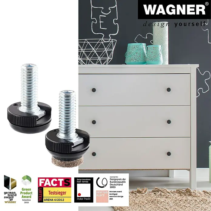 Wagner System Verstellfüße - Länge Gewinde: 20 mm, Durchmesser Gewinde: 8 mm, 4 Stk. - Produktdarstellung: Zwei Stellfüße mit Gewinde und schwarzem Kunststofffuß, einer mit Filzgleiter, vor einem weißen Möbelstück.