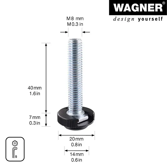 Wagner System Verstellfüße - Länge Gewinde: 40 mm, Durchmesser Gewinde: 8 mm, 4 Stk. - Bild einer Stellschraube mit den Maßen M8 x 40 mm, inklusive des Durchmessers des Sockels und der Schlüsselweite für die Montage.