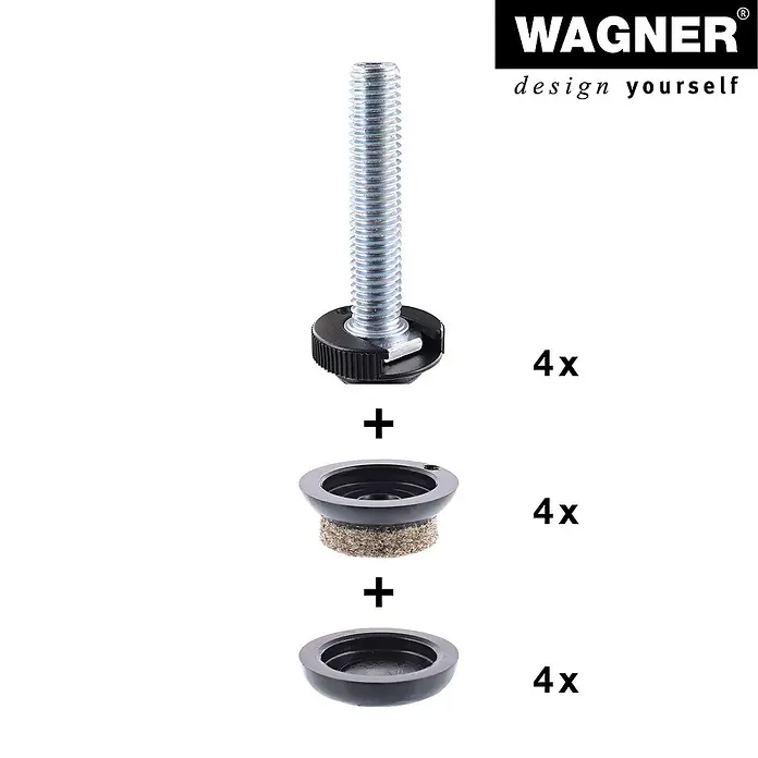 Wagner System Verstellfüße - Länge Gewinde: 40 mm, Durchmesser Gewinde: 8 mm, 4 Stk. - Produktabbildung eines Wagner-Möbelgleitersets, bestehend aus Schrauben, Filzgleitern und passenden Gehäusen, ideal für Möbel.