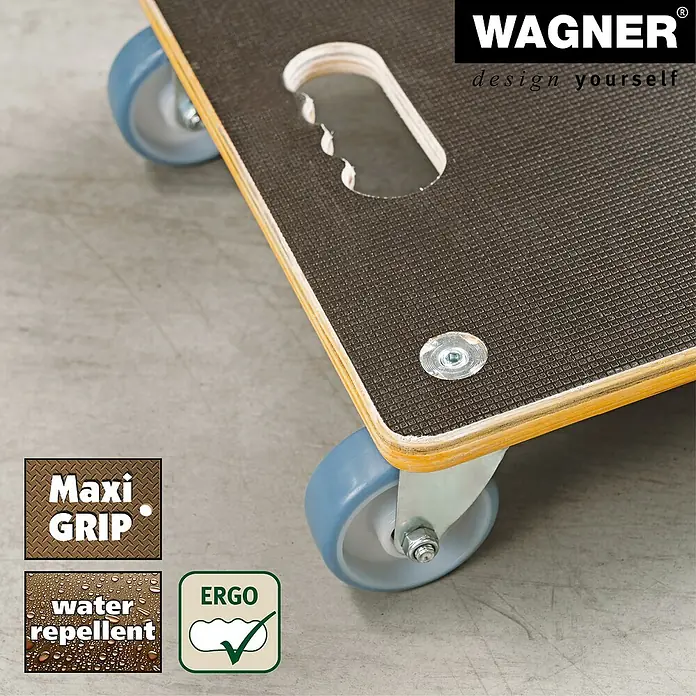 Wagner System Transportroller MM1340 - L x B x H: 380 x 380 x 110 mm, Traglast: 300 kg, Holz - Wagner Möbelroller mit Griffloch und blauen Rollen. Der Roller hat eine rutschfeste und wasserabweisende Oberfläche.