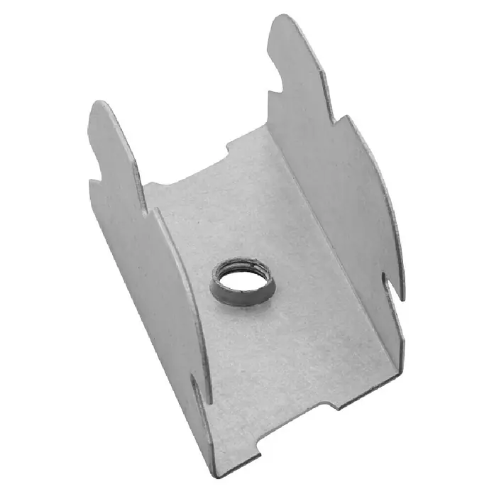 Placafix Elemento de unión para perfiles Horquilla TC45/47 - Plateado - Primer plano de un soporte de montaje plateado con un centro roscado, diseñado para sujetar objetos de forma segura para una instalación estable.