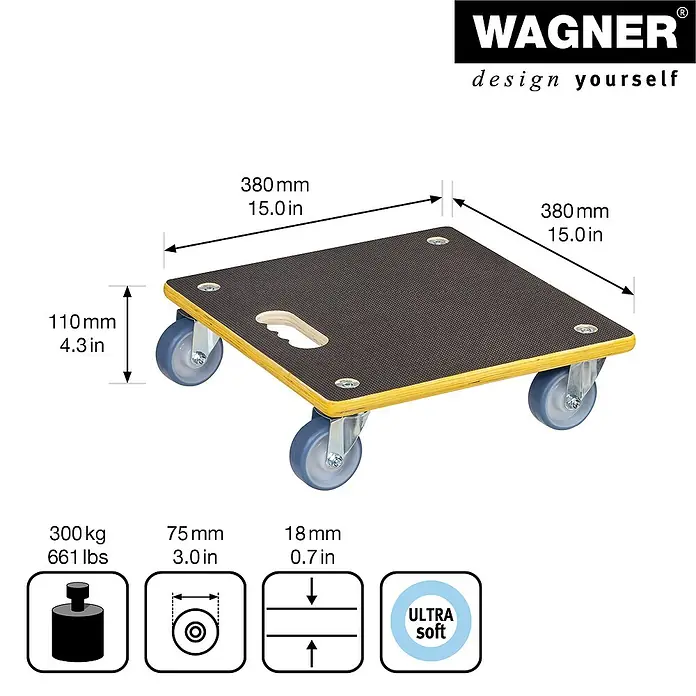 Wagner System Transportroller MM1340 - L x B x H: 380 x 380 x 110 mm, Traglast: 300 kg, Holz - Abbildung eines Möbelrollers mit den Maßen 380 x 380 mm und einer Höhe von 110 mm, belastbar bis 300 kg.