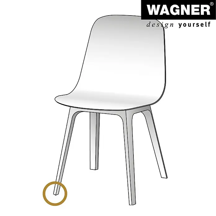Wagner System Filzgleiter Ultrasoft - Durchmesser: 20 mm, 80 Stk., Mit Stift, Schwarz - Abbildung eines weißen Wagner Stuhls mit dem Logo in der oberen rechten Ecke, ideal für modernes Design.