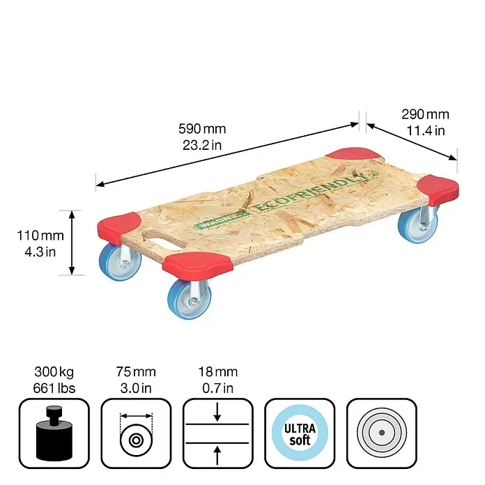Wagner System Transportroller MM1322 - L x B x H: 590 x 290 x 110 mm, Traglast: 300 kg, Holz - Produktbild einer Möbelroller mit den Maßen 590 x 290 mm und einer Höhe von 110 mm, Traglast 300 kg.