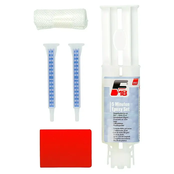 F18 Reparatur-Set - 25 ml - F18 5 Minuten Epoxy Set mit Doppelkartusche, Harz, Härter, Gewebeband, Mischdüsen und Plastikspachtel.