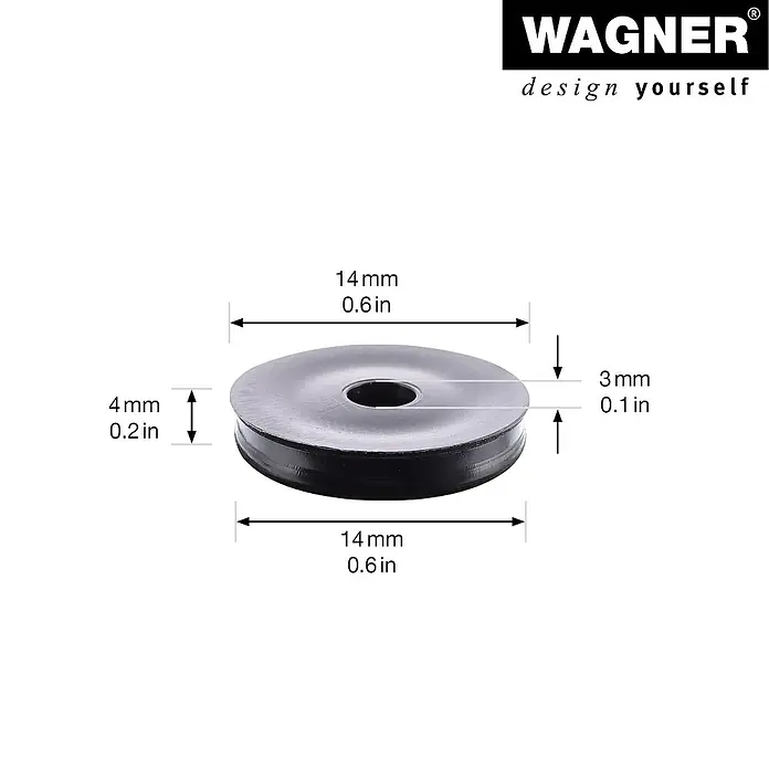 Wagner System Filzgleiter Hyper Slim - Durchmesser: 20 mm, 4 Stk., Mit Schraube - Produktbild einer schwarzen Unterlegscheibe mit den Maßen 14mm Durchmesser und 4mm Dicke.