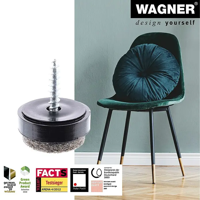Wagner System Filzgleiter Ultrasoft Slim - Durchmesser: 17 mm, Schrauben, 4 Stk. - Produktbild eines Wagner Möbelgleiters mit Schraube und Filzgleitfläche, neben einem Stuhl.
