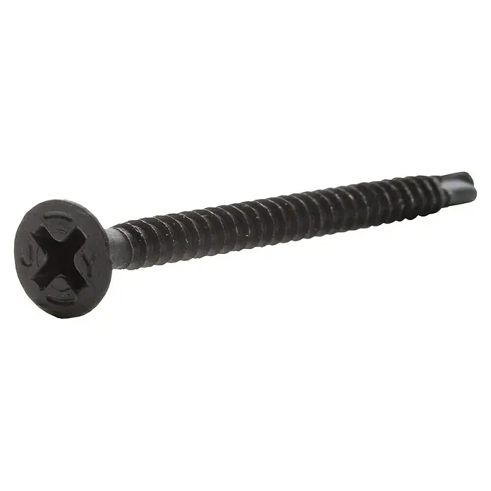Placafix Tornillos de montaje rápido - Largo: 45 mm, Número de componentes: 1.000 ud., Diámetro cabeza: 3,5 mm - Primer plano de un tornillo de cabeza avellanada Phillips negro, adecuado para proyectos de carpintería y construcción.