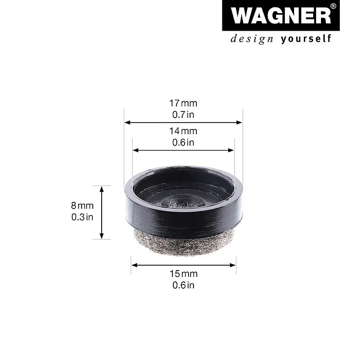 Wagner System Filzgleiter Ultrasoft Slim - Durchmesser: 17 mm, Schrauben, 4 Stk. - Nahaufnahme eines Möbelschutzes mit den Maßen 17mm Durchmesser, 8mm Höhe und Filzgleiter unten.