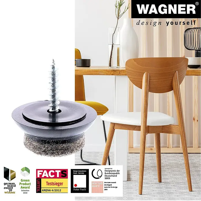 Wagner System Filzgleiter Ultrasoft Slim - Durchmesser: 20 mm, Schrauben, 4 Stk. - Ein Möbelgleiter mit Schraube und Filzgleitfläche, präsentiert vor einem stilvollen Stuhl und Auszeichnungen.