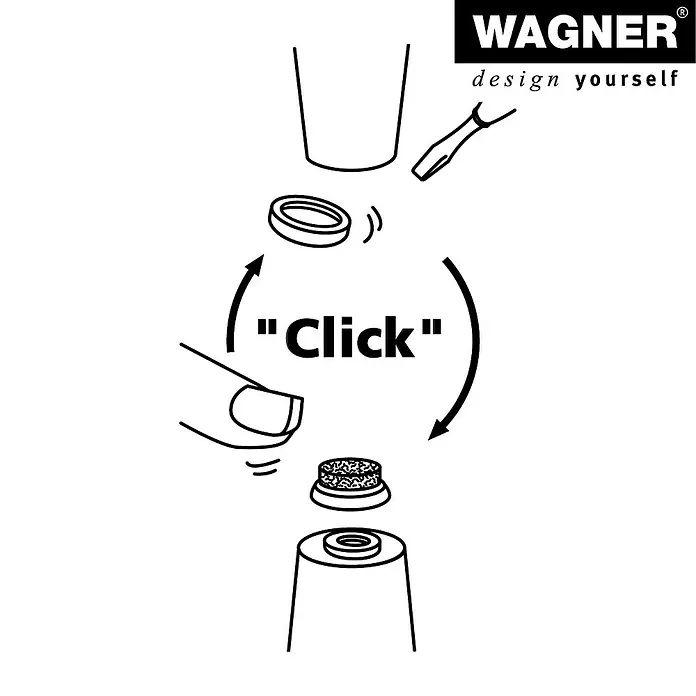 Wagner System Filzgleiter Hyper Slim - Durchmesser: 20 mm, 4 Stk., Mit Schraube - Abbildung einer Wagner-Sprühvorrichtung, die zeigt, wie man einen Teil mit einem hörbaren „Klick“ befestigt.