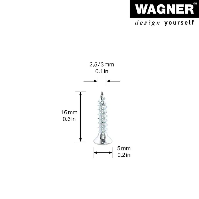 Wagner System Filzgleiter Syno Slim - Durchmesser: 20 mm, 4 Stk., Mit Schraube - Abbildung einer Schraube mit Größenangaben: 16mm Länge, 2,5/3mm Durchmesser oben und 5mm Durchmesser unten.