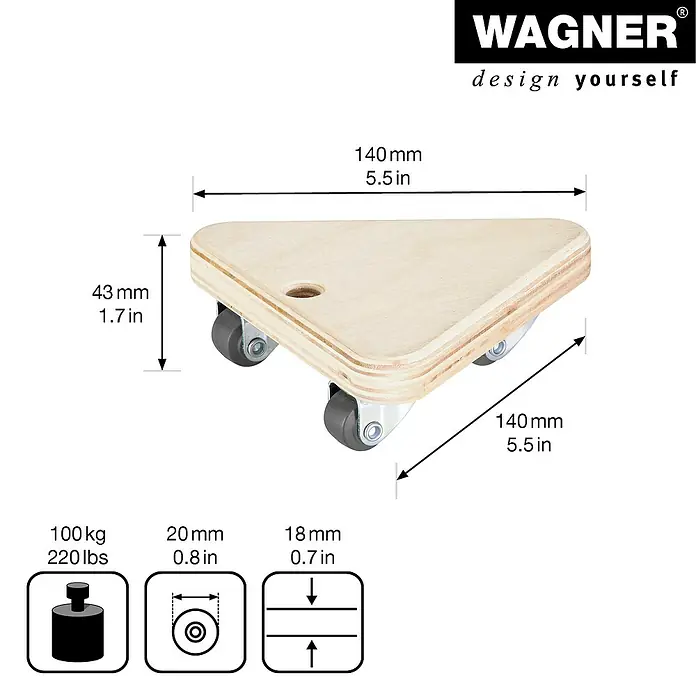 Wagner System Transportroller MM1313 - L x B x H: 140 x 140 x 43 mm, Traglast: 100 kg, Holz, Beige - Produktabbildung eines dreieckigen Möbelrollers von Wagner mit technischen Daten und Traglastangaben.