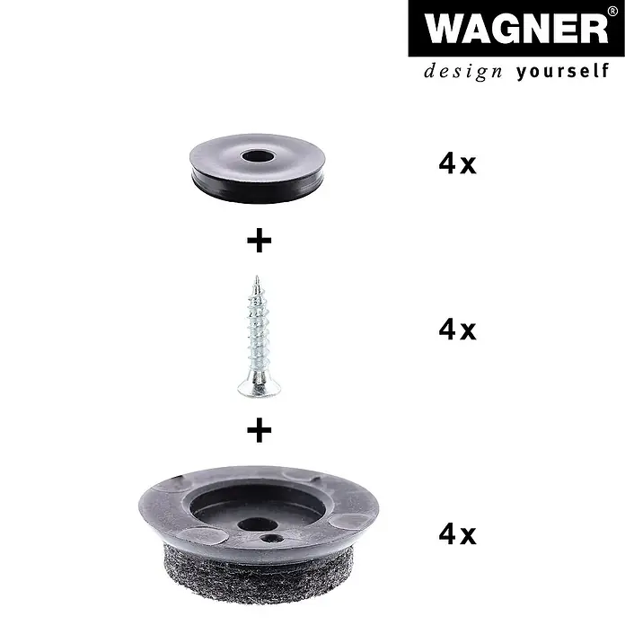 Wagner System Filzgleiter Ultrasoft Slim - Durchmesser: 25 mm, Schrauben, 4 Stk. - Produktabbildung eines Wagner Möbelgleiters-Sets mit Schrauben, bestehend aus 4x Gleiter, Schraube und Dämpfungspad.
