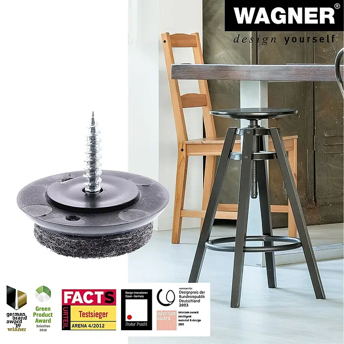 Wagner System Filzgleiter Ultrasoft Slim - Durchmesser: 25 mm, Schrauben, 4 Stk. - Produktaufnahme von Wagner-Möbelgleitern mit Schraube und Filzgleitfläche, ideal zum Schutz von Böden und Möbeln.