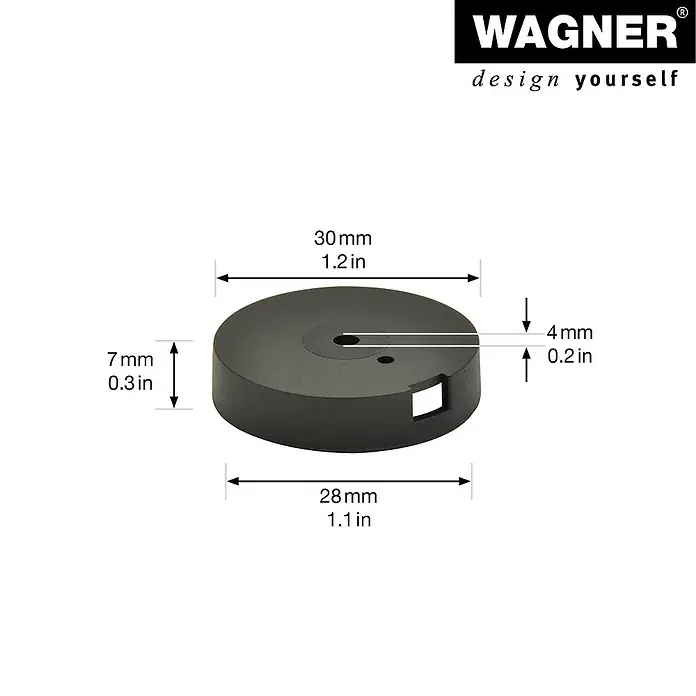 Wagner System Filzgleiter Duo Ultrasoft/Hyper - Durchmesser: 30 mm, 4 Stk., Mit Schraube - Produktbild mit Größenangaben: Der Artikel ist schwarz und rund, versehen mit verschiedenen Maßangaben in Millimetern und Zoll.