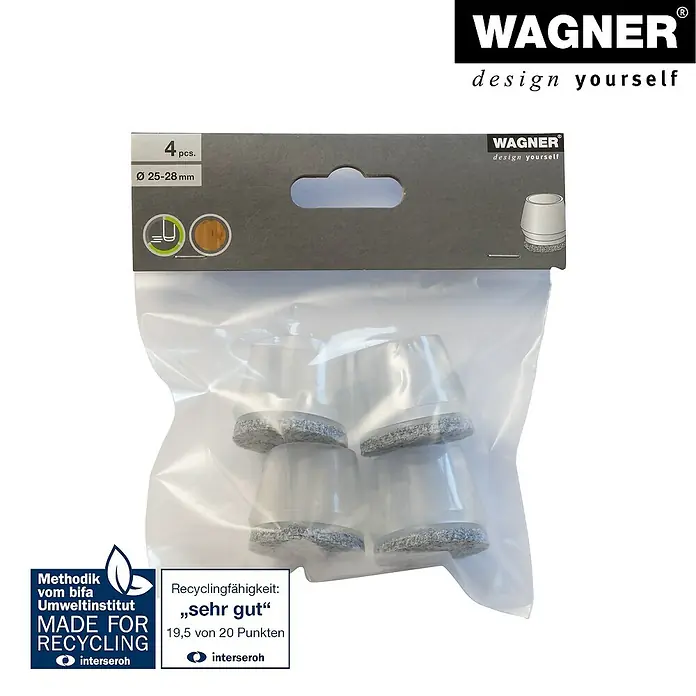 Wagner System Rohrkappen Filz - Durchmesser: 28 mm, Transparent, 4 Stk. - Bild eines Pakets Wagner Stuhlbeinschoner, transparent mit grauem Filzgleiter, 4 Stück, Durchmesser 25-28mm, Made for Recycling.