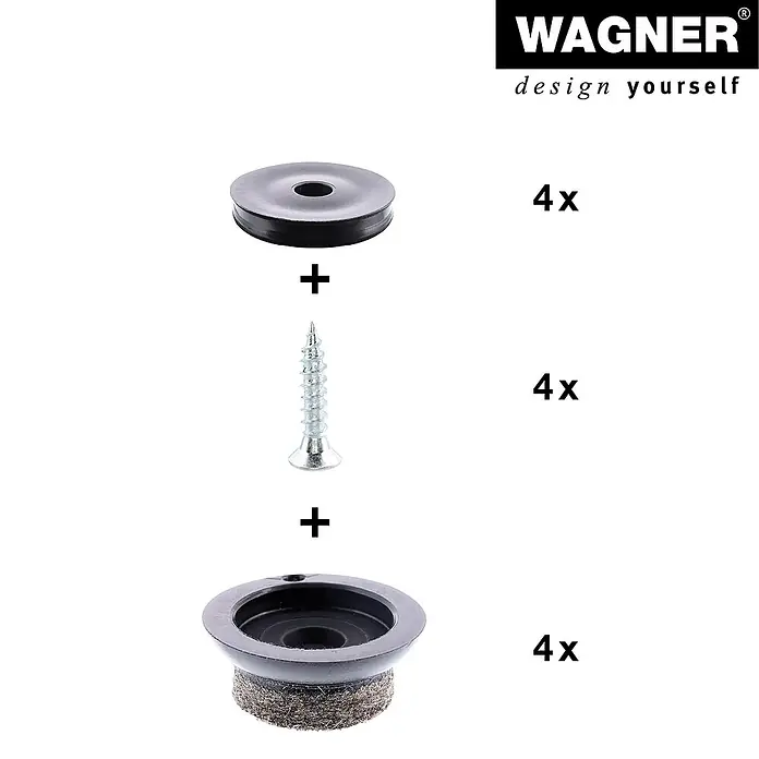 Wagner System Filzgleiter Ultrasoft Slim - Durchmesser: 20 mm, Schrauben, 4 Stk. - Produktbild von Wagner: Eine Packung Möbelgleiter zum Anschrauben, bestehend aus Filzgleiter, Schraube und Unterlegscheibe.