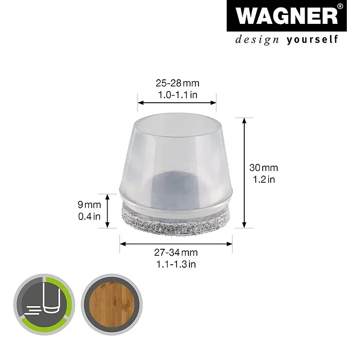 Wagner System Rohrkappen Filz - Durchmesser: 28 mm, Transparent, 4 Stk. - Bild eines Stuhlbeinschutzes mit Maßangaben.