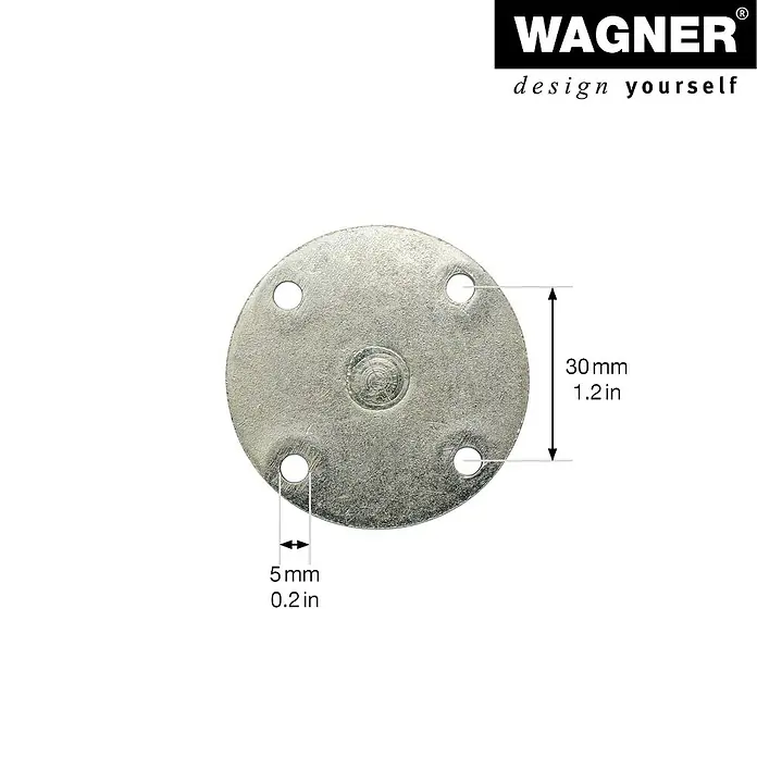 Wagner System Anschraubplatte - Durchmesser: 50 mm, Stahl - Produktabbildung einer Montageplatte mit 4 Bohrungen und Maßangaben, ideal für Möbelbau und Reparaturen.