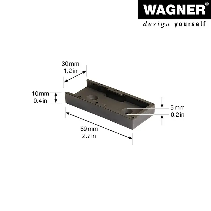 Wagner System Adapterplatte - L x B x H: 30 x 69 x 10 mm, Kunststoff, 2 Stk. - Eine detaillierte Ansicht einer schwarzen WAGNER-Design-Gleitschiene mit Maßangaben, ideal für Möbeldesign und Heimwerkerprojekte.
