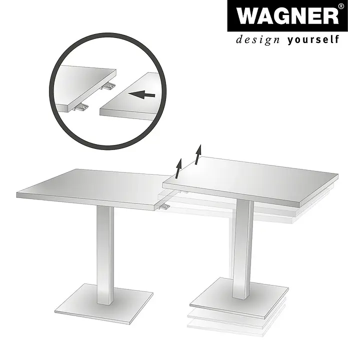 Wagner System Adapterplatte - L x B x H: 30 x 69 x 10 mm, Kunststoff, 2 Stk. - Bild einer Wagner-Tischverlängerung, die zeigt, wie die Tischplatten verbunden werden, um die Tischgröße zu erhöhen.