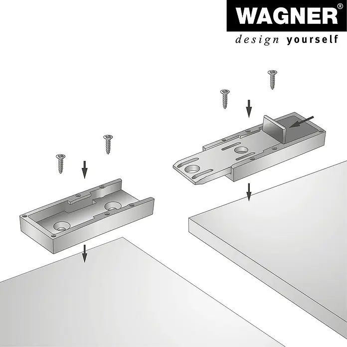 Wagner System Adapterplatte - L x B x H: 30 x 69 x 10 mm, Kunststoff, 2 Stk. - Aufbauanleitung für ein Wagner-Produkt. Montageanleitung mit Beschlägen, Schrauben und Holzteilen für Heimwerker zum Selbstgestalten.
