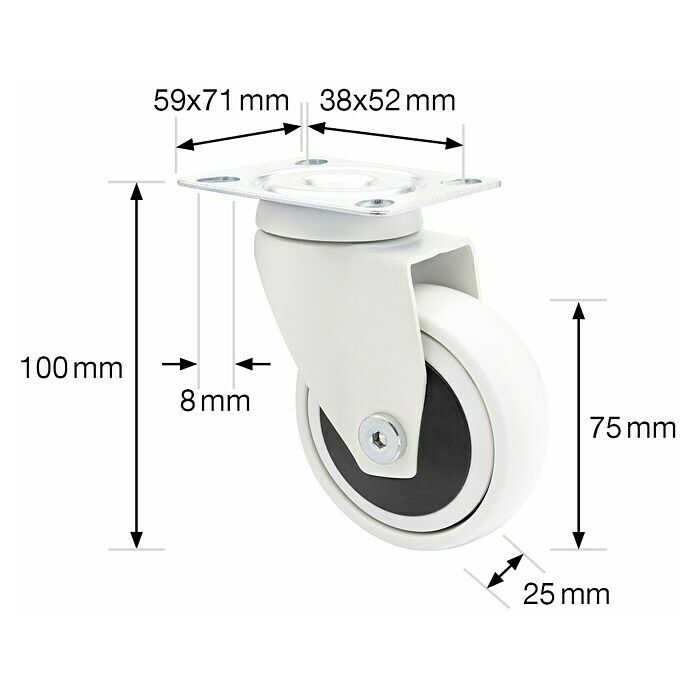 Wagner System Design-Lenkrolle (Durchmesser Rollen: 75 mm, Traglast: 75 kg, Mit Platte und Feststeller, Weiß) | BAUHAUS