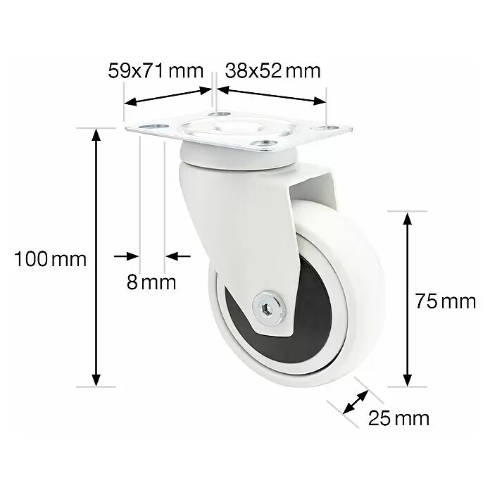 Wagner System Design-Lenkrolle - Durchmesser Rollen: 75 mm, Traglast: 75 kg, Mit Platte und Feststeller, Weiß - Weißes Lenkrollenrad mit Metallmontageplatte, geeignet für Möbel.
