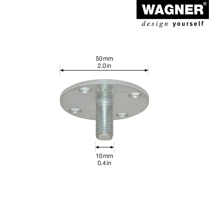 Wagner System Anschraubplatte - Durchmesser: 50 mm, Stahl - Produktbild: Wagner Schraubfuß mit Gewinde und Maßen, ideal für Möbel.