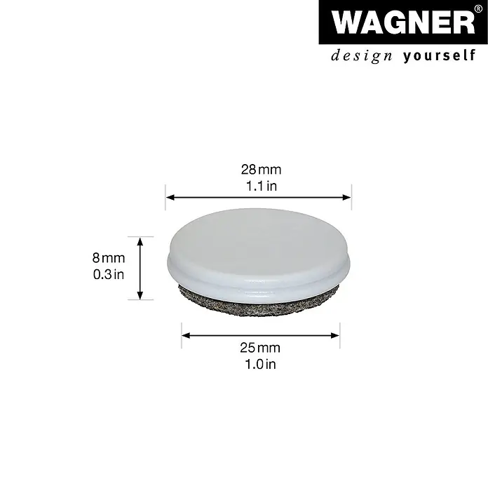 Wagner System Filzgleiter Basis Lounge - Durchmesser: 30 mm, 4 Stk., Quadratisch - Produktbild eines runden Möbelgleiters mit Filzgleitfläche und den Maßen 28 x 25 x 8 mm.