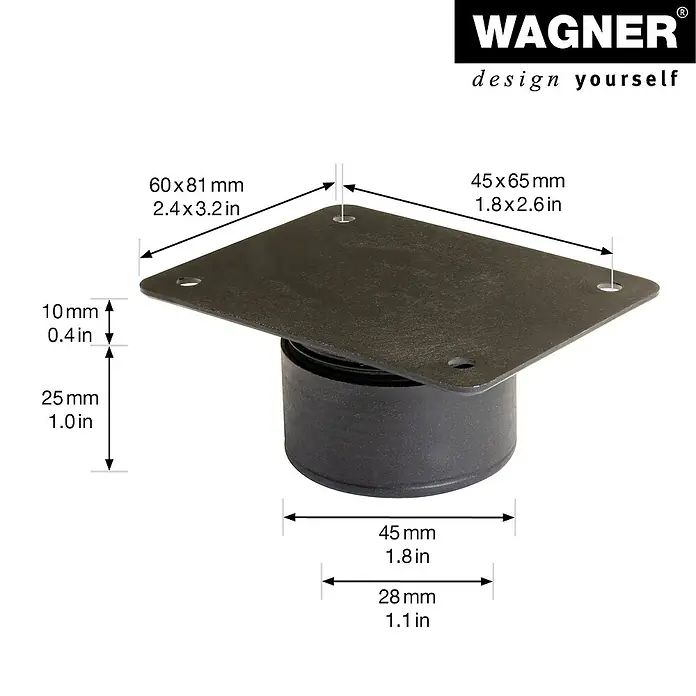Wagner System Filzgleiter Basis Lounge - Durchmesser: 30 mm, 4 Stk., Quadratisch - Abbildung eines WAGNER-Design-Drehtellers mit Maßangaben, ideal für individuelle Möbelprojekte.