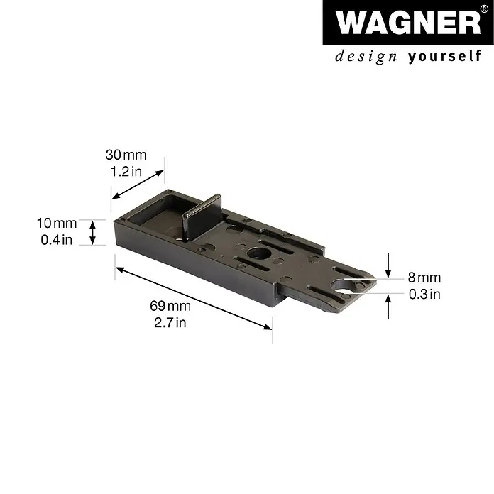 Wagner System Adapterplatte - L x B x H: 30 x 69 x 10 mm, Kunststoff, 2 Stk. - Produktansicht des schwarzen Wagner Möbelfusses mit Größenangaben.