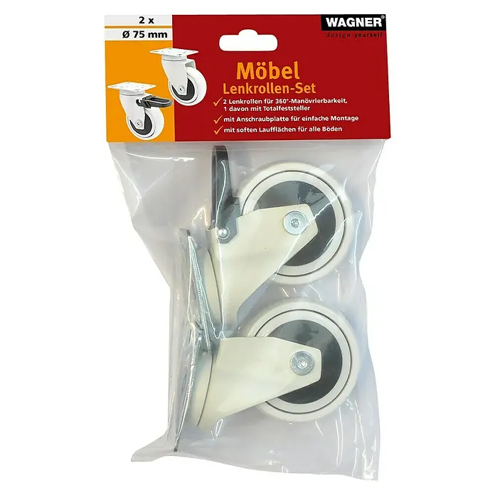 Wagner System Design-Lenkrolle - Durchmesser Rollen: 75 mm, Traglast: 75 kg, Mit Platte und Feststeller, Weiß - Abbildung einer Möbel-Lenkrollen-Set-Verpackung von Wagner mit zwei Rollen, davon eine mit Feststeller, und Schrauben zur einfachen Montage.