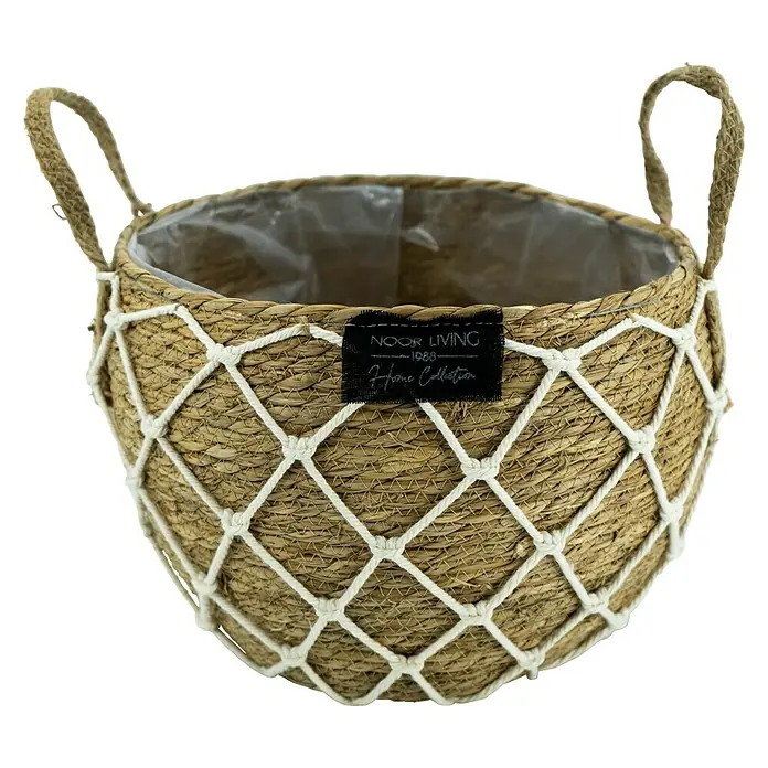 Pflanzkorb - Ø x H: 27 x 35 cm, Naturmaterialien, Braun/Beige - Strohkorb mit Griffen und weißem Schnurgeflecht. Ein stilvolles Dekoelement für Ihr Zuhause, geeignet für Pflanzen oder zur Aufbewahrung.