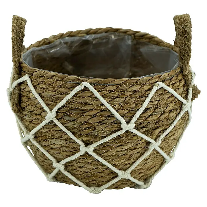 Pflanzkorb - Ø x H: 19 x 24 cm, Naturmaterialien, Braun/Beige - Dekorativer Korb mit Griffen aus geflochtenem Seegras und einem weißen Seilnetz. Perfekt für Pflanzen oder zur Aufbewahrung von Kleinigkeiten.