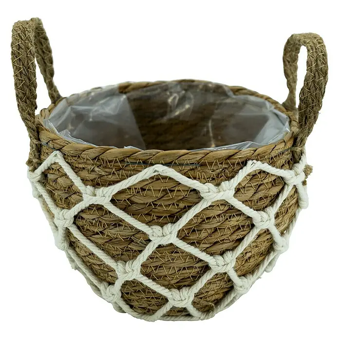 Pflanzkorb - Ø x H: 16 x 20 cm, Naturmaterialien, Braun/Beige - Korb aus Seegras mit Seilakzenten und praktischen Tragegriffen, ideal für die stilvolle Aufbewahrung von Pflanzen oder Dekorationsartikeln.
