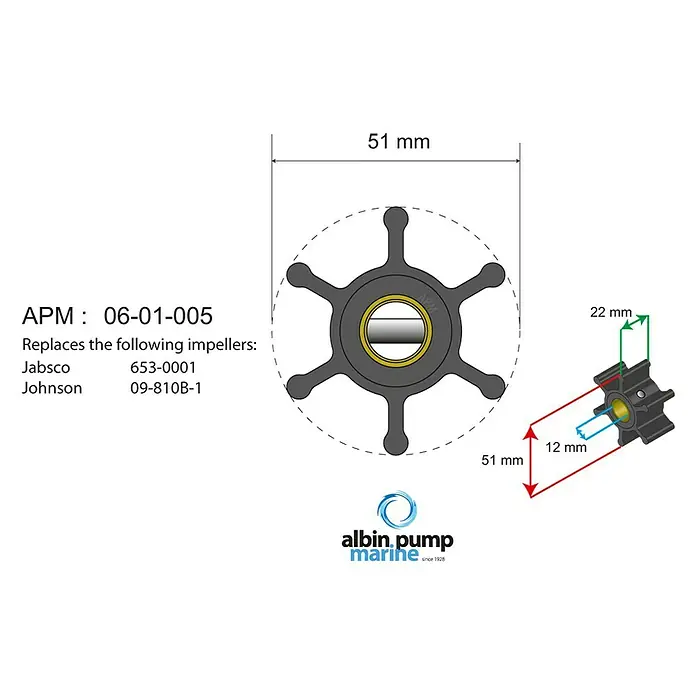 Albin Pump Impeller PN 06-01-005 - Ø x L: 51 x 22 mm, Wellendurchmesser: 12 mm - Produktbild eines APM 06-01-005 Impellers, der Jabsco 653-0001 und Johnson 09-810B-1 ersetzt, mit Größenangaben.