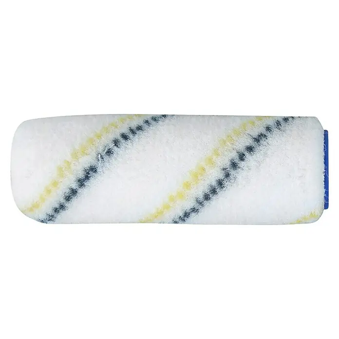 F18 Farbwalze - Breite Rolle: 12 cm, Durchmesser: 43 mm, Materialspezifizierung: Polyamid - Farbwalze mit weißen Fasern und gelben und schwarzen Streifen. Ein Werkzeug für Malerarbeiten.