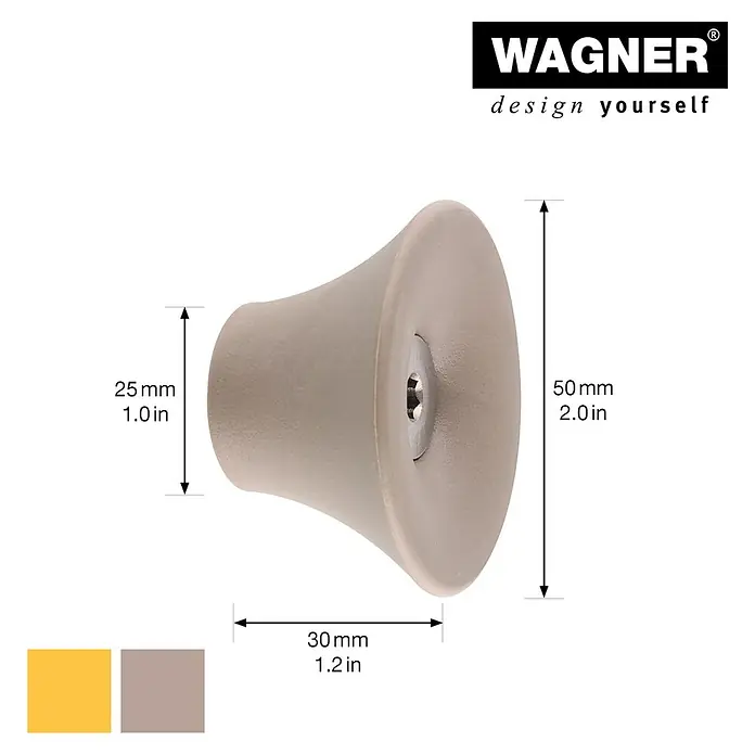 Wagner System Garderobenhaken-Set - Ø x H: 50 x 30 mm, Taupe, Gelb, 4 Stk. - Nahaufnahme eines Möbelknopfes mit den Maßen 25 mm x 50 mm x 30 mm und dem Firmenlogo "Wagner Design Yourself".