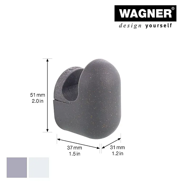 Wagner System Garderobenhaken-Set PILL - L x B x H: 57 x 47 x 76 mm, Schiefergrau/Lichtgrau, 4 Stk. - Nahaufnahme des Wagner Türpuffer EcoShape aus Gummi, mit Maßangaben zur Größe des Produkts.