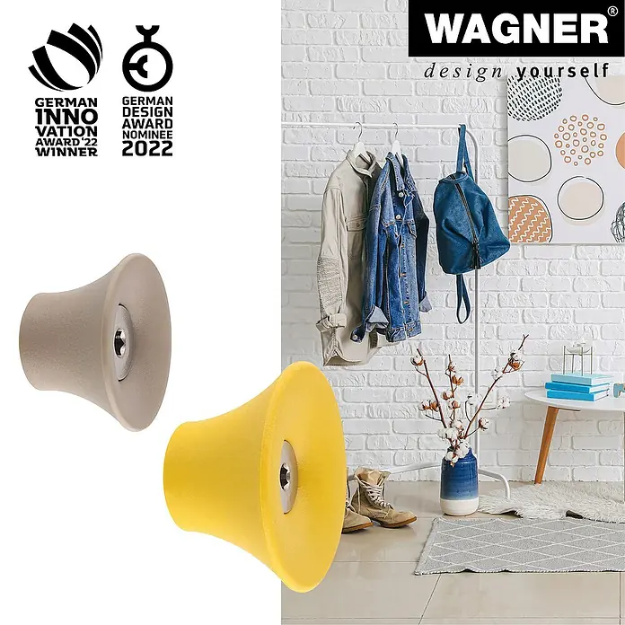 Wagner System Garderobenhaken-Set - Ø x H: 50 x 30 mm, Taupe, Gelb, 4 Stk. - Produktdarstellung: Zwei farbige Wandhaken von Wagner, die modernes Design und Funktionalität vereinen.