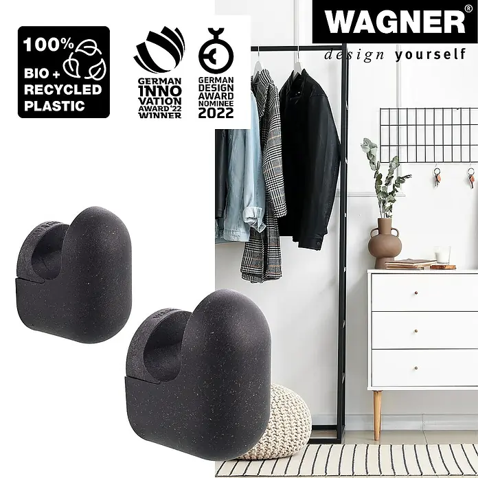 Wagner System Garderobenhaken-Set PILL - L x B x H: 57 x 47 x 76 mm, Schwarz, 4 Stk. - Abbildung von zwei schwarzen, nachhaltigen Wagner Wandhaken aus Bio- und Recyclingkunststoff mit den zugehörigen Auszeichnungen.