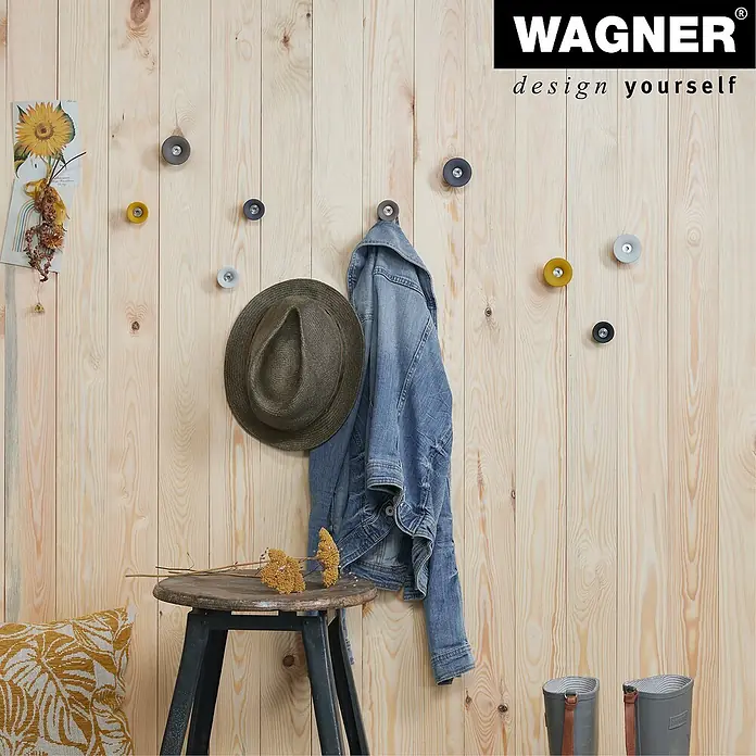 Wagner System Garderobenhaken-Set - Ø x H: 50 x 30 mm, Taupe, Gelb, 4 Stk. - Wandpaneel mit runden farbigen Haken, an denen Jacke, Hut und Accessoires hängen. Rustikale Einrichtung für Flur oder Diele mit Wagner Designelementen.