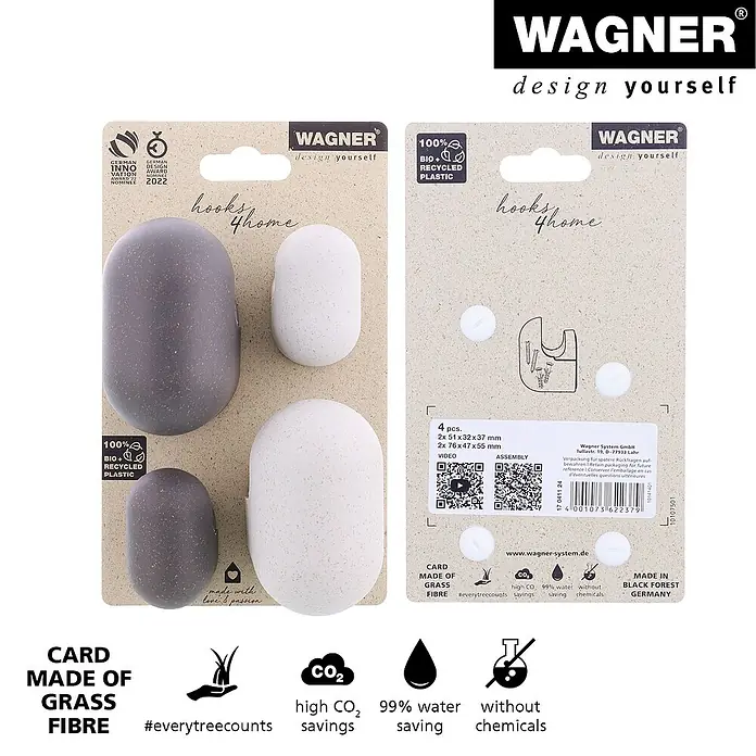 Wagner System Garderobenhaken-Set PILL - L x B x H: 57 x 47 x 76 mm, Schiefergrau/Lichtgrau, 4 Stk. - Bild von "hooks4home" Klebehaken von Wagner, hergestellt aus Bio- und Recyclingkunststoff, verpackt in einer Graspapierkarte.