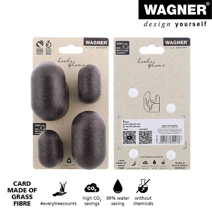 Wagner System Garderobenhaken-Set PILL - L x B x H: 57 x 47 x 76 mm, Schwarz, 4 Stk. - Wagner Hooksy 4home Haken-Set: Nachhaltige Wandhaken aus Graspapier und recyceltem Kunststoff, ideal für ein stilvolles Zuhause.