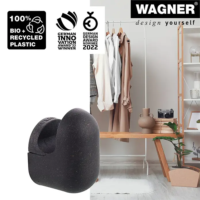 Wagner System Garderobenhaken-Set PILL - L x B x H: 37 x 31 x 51 mm, Schwarz, 4 Stk. - Produktansicht eines nachhaltigen, schwarzen Möbelgleiters aus Bio- und Recyclingkunststoff, ausgezeichnet mit Designpreisen.